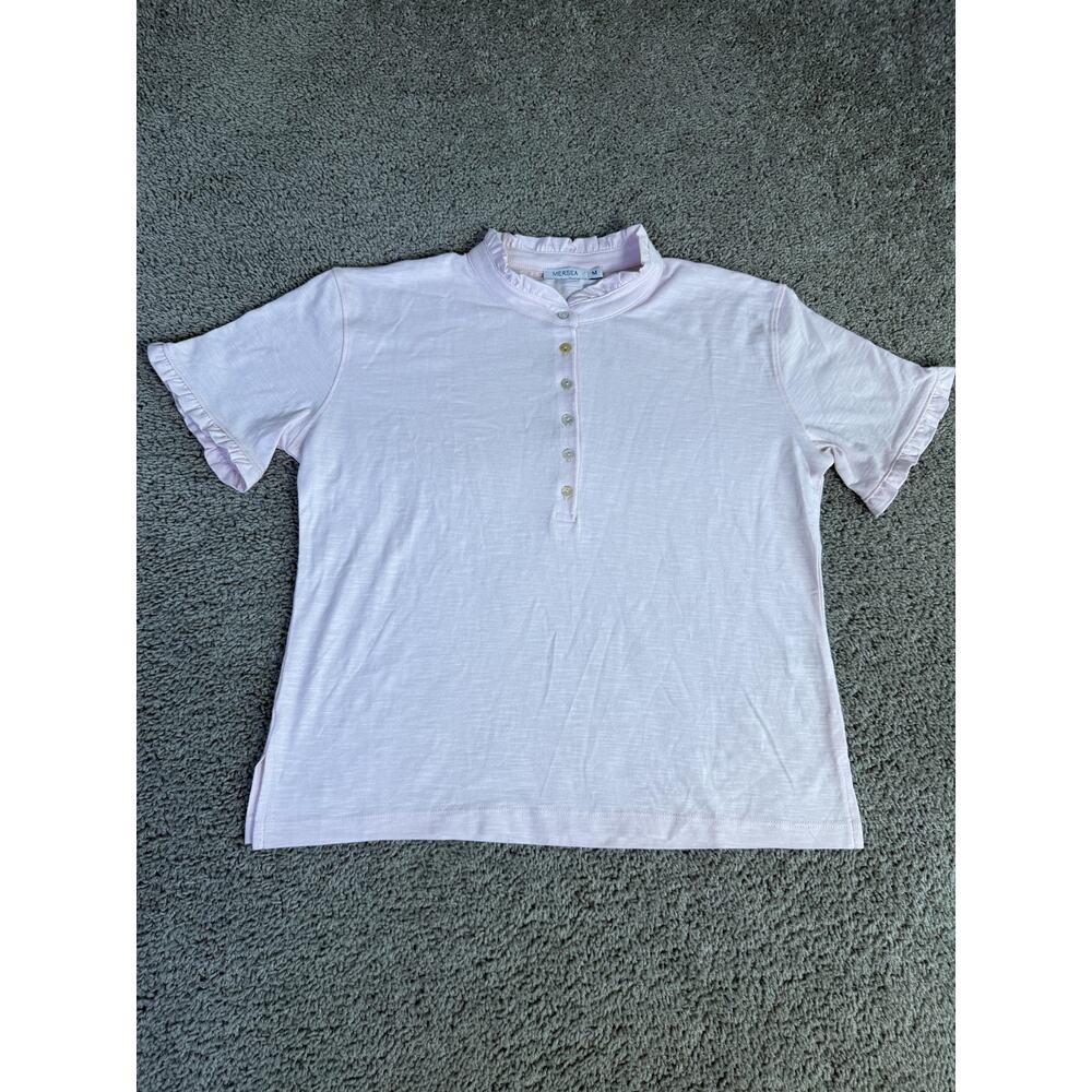MERSEA Shirt Womens M Pink Henley Flutter Sleeve Ruffle Button 100% Cotton